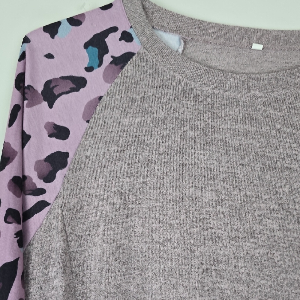 Gray Long Sleeve Top with Pink Leopard Print